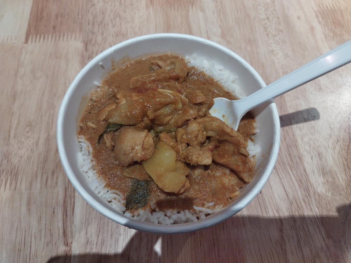 茶色いルーと鶏肉が乗ったカレーライス。