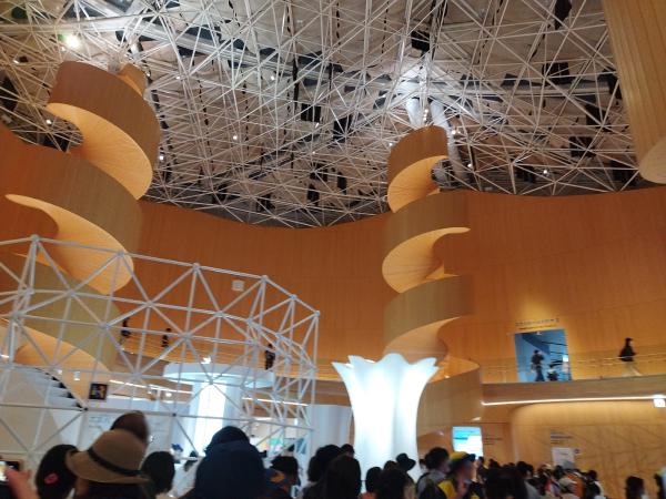 木目調の壁に沿って、巨大な木製のらせん状の構造物が伸びる屋内展示の様子です。