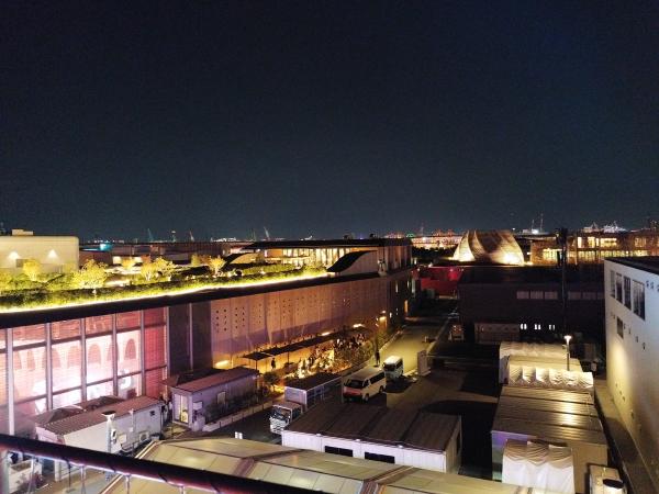 夜景の万博会場で、赤くライトアップされた建物と、明るく照らされた庭園が見下ろせます。