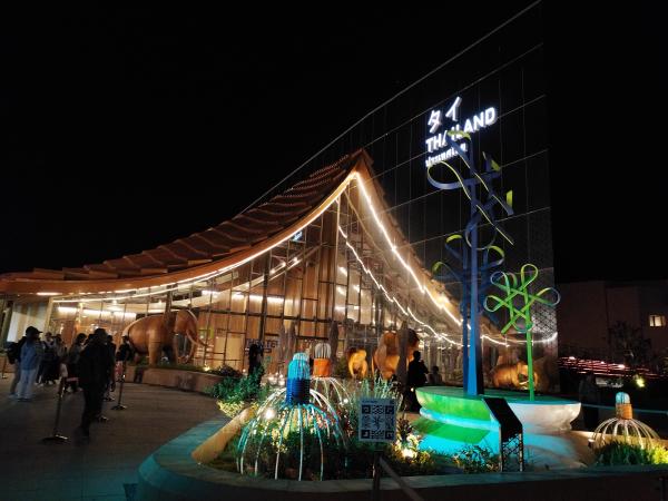 夜のタイ館。ガラスの建物の外には象の木造の模型が見え、手前には光る屋外展示があります。