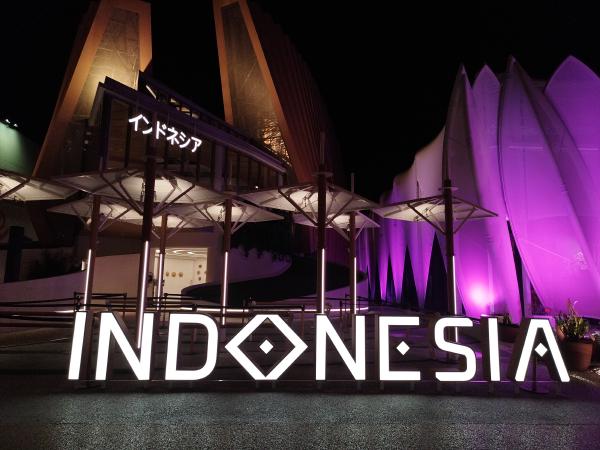 夜のインドネシア館。ファサードが紫に光り、「INDONESIA」の文字が白く浮かび上がっています。