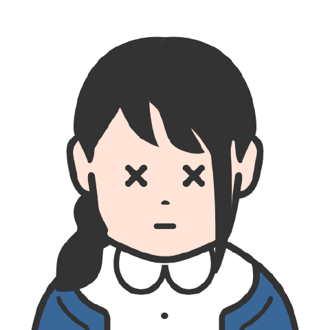バツ印の目で困った表情をした、髪を一つに結んだ女性のイラスト