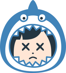 サメの被り物をした、バツ印の目で困った表情の人物のイラスト
